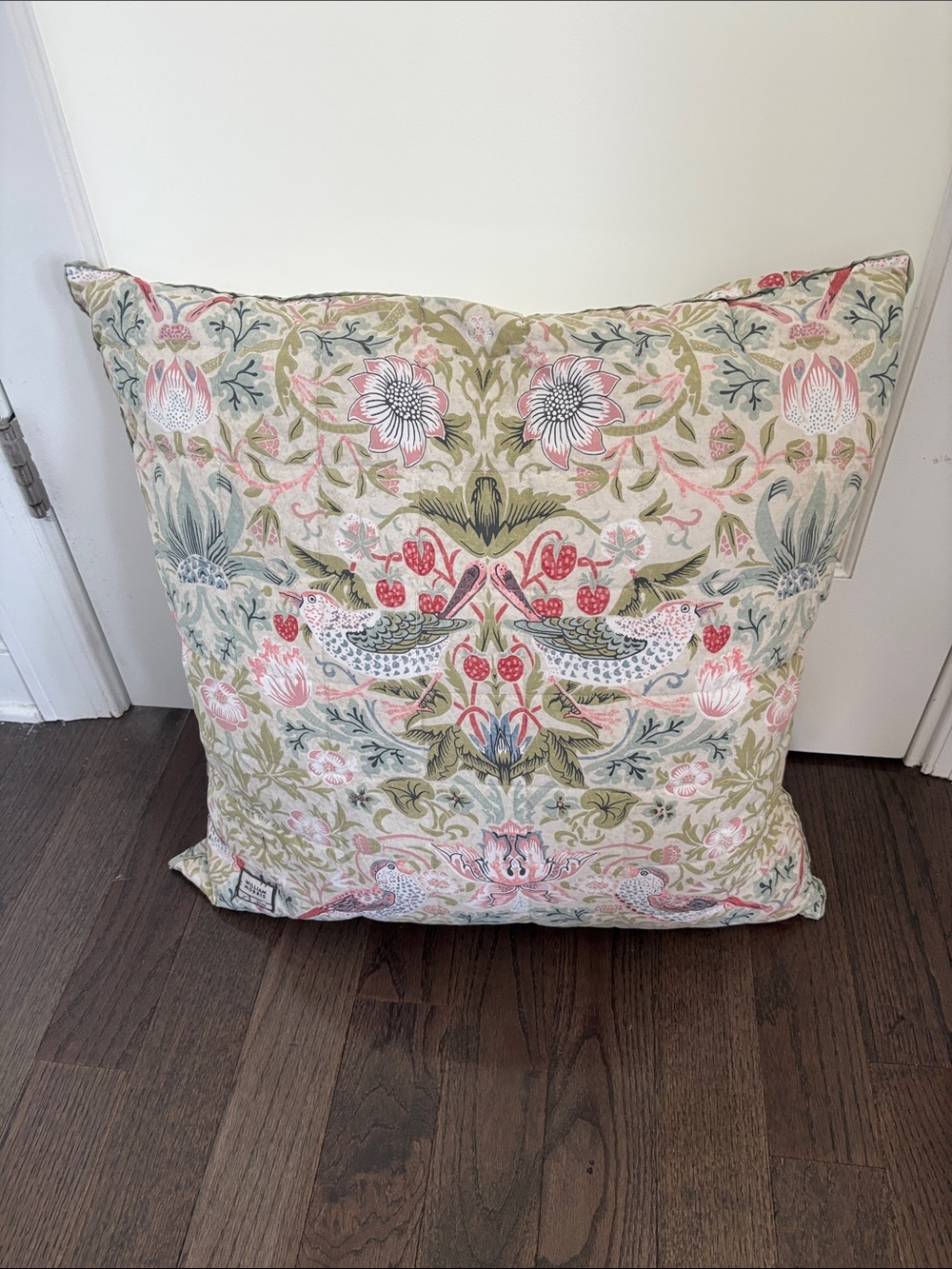 William Morris at Home pillow, floral/birds/strawberries, pink/sage green,24x24”